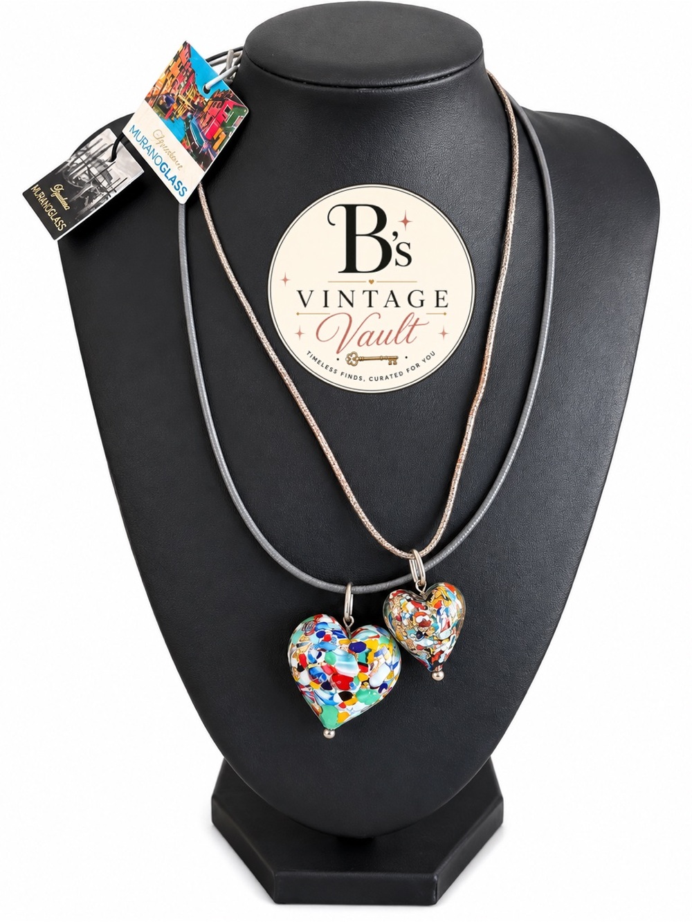 Murano Multicolor Heart Pendant Necklace Bundle (Set of Two)